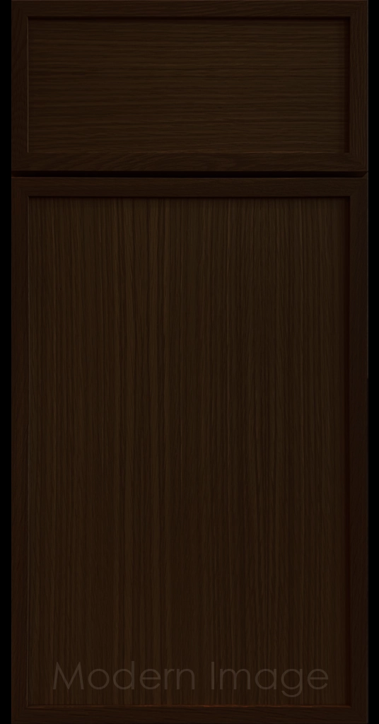Close-up of a Chocolate Stain Arcadia shaker-style cabinet door, featuring slim stile & rail surrounding a flat center panel